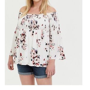 Torrid White Floral Challis  Up Off Shoulder Tunic